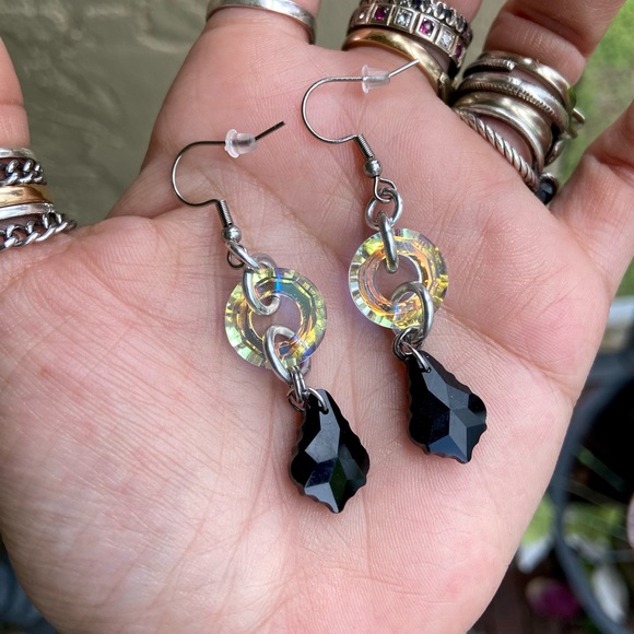 Iridescent rainbow Swarovski circle charms with black austrian crystals earrings - Picture 9 of 12
